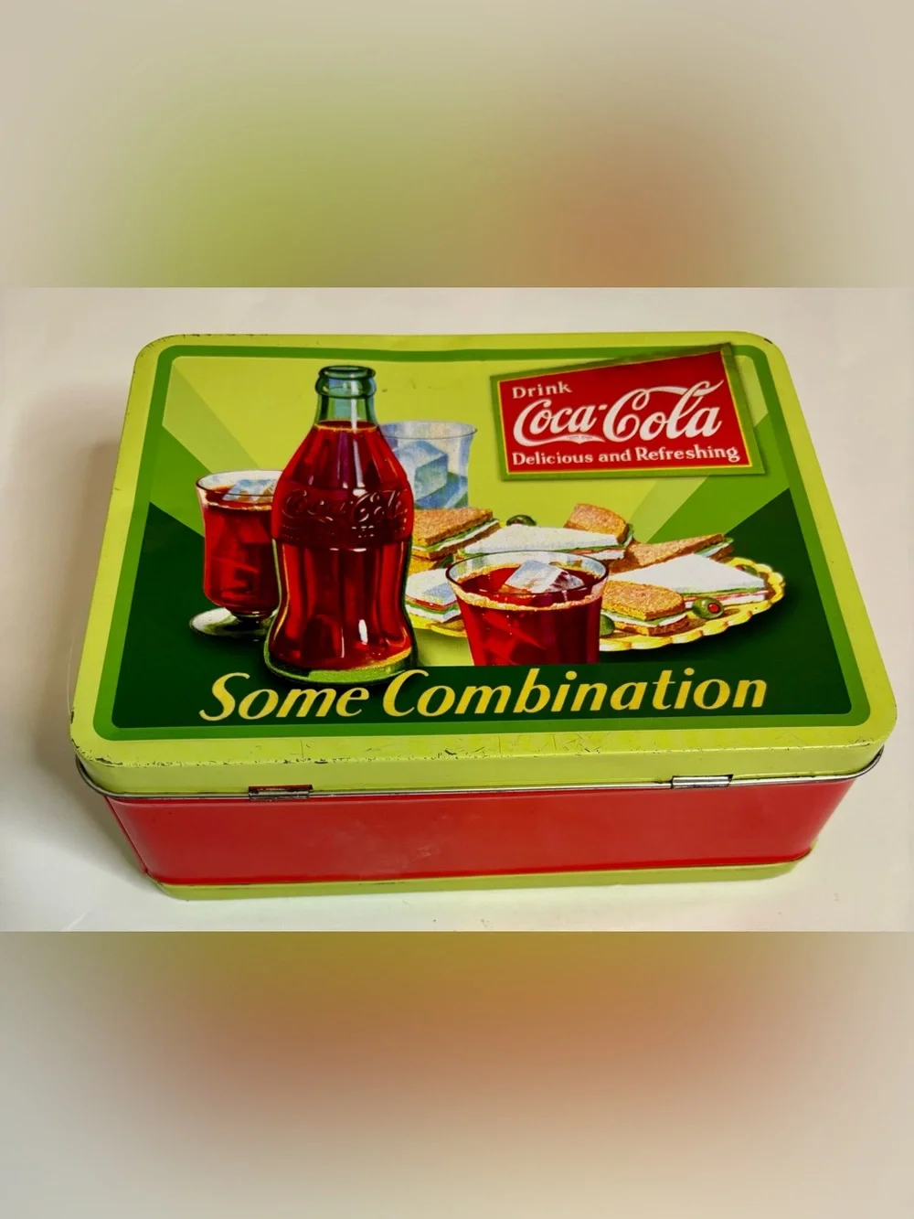 Coca-Cola Green Tin Lunchbox with Bottle and Sandwich Illustration vintage look